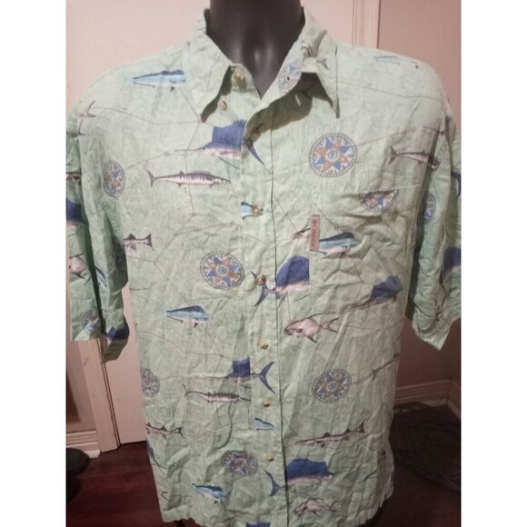 Columbia Mens Fish Graphic Print Green Button Down Short Sleeve Shirt Large L - Picture 1 of 12